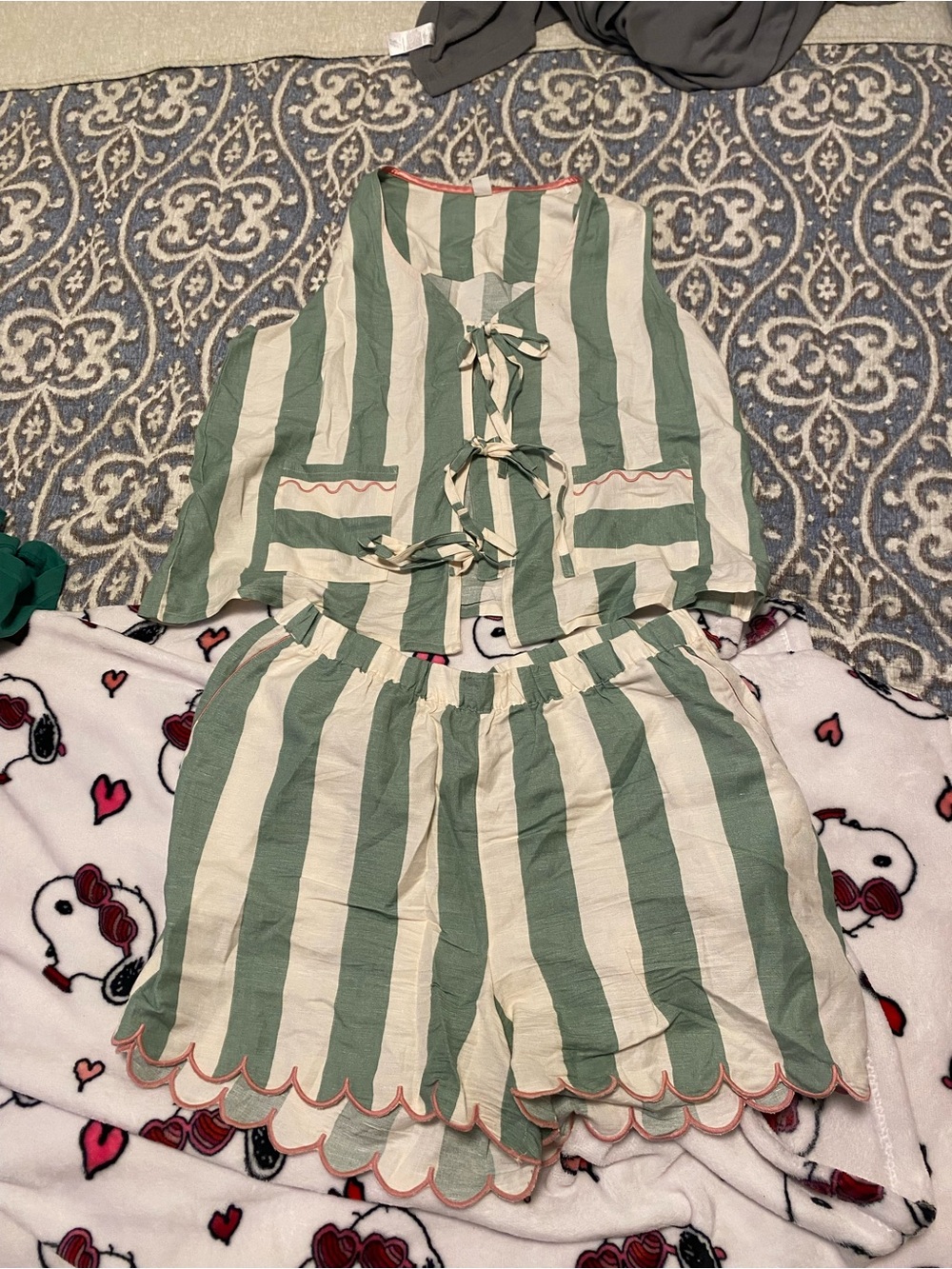 Women's Green and Cream Striped Pajama Set with Tie-Front Top